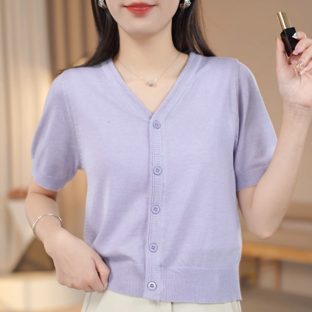 显瘦穿搭145cm矮小个子V领上衣百搭休闲150宽松短袖针织开衫XS女