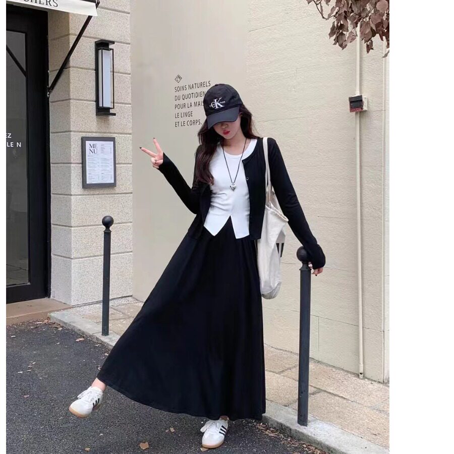 145小个子舒适慵懒小开衫+弹力背心显瘦半身裙三件套针织套装xs秋