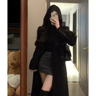 小个子韩系气质高级感呢子大衣女150秋冬黑色正肩毛呢外套长款xs