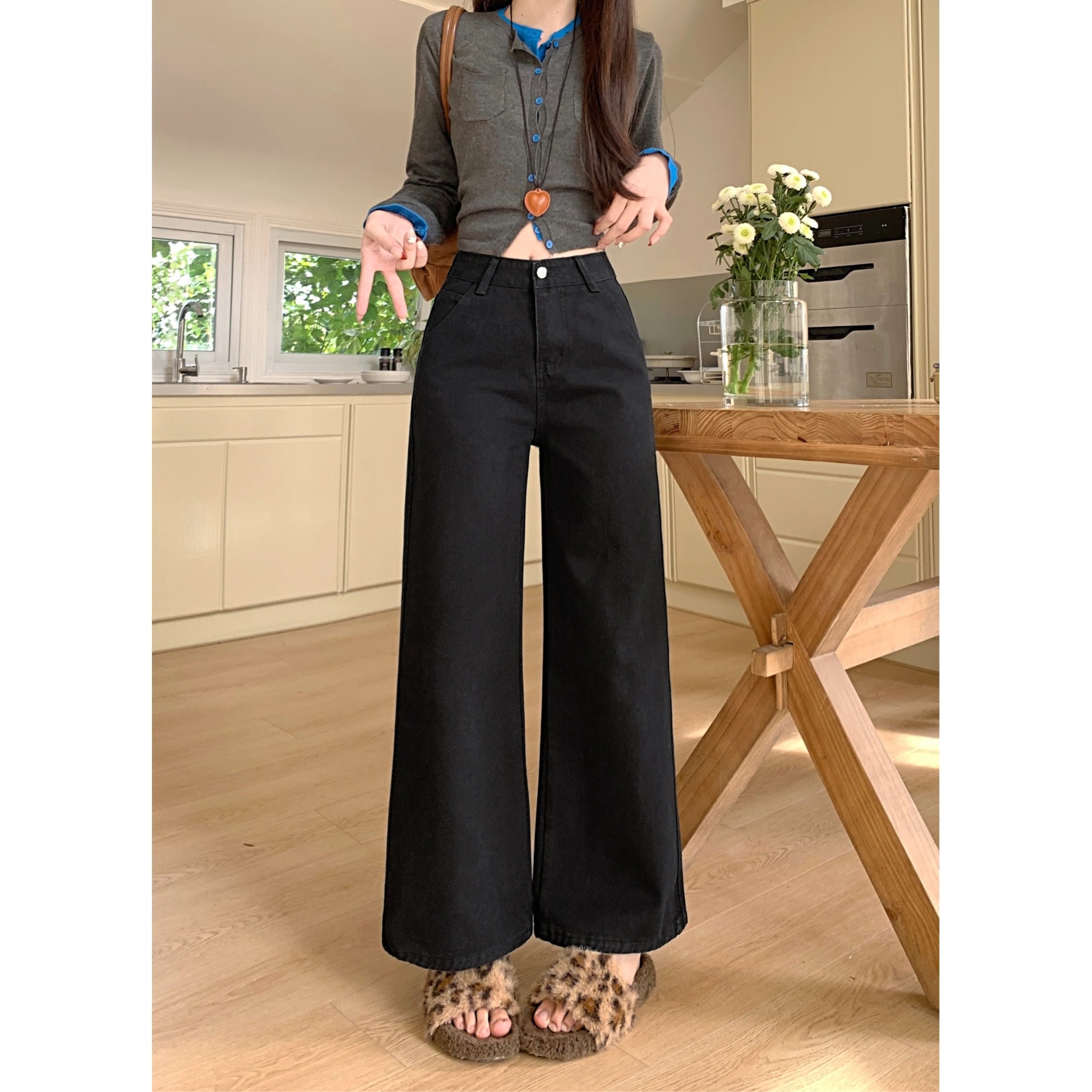 小个子美式黑色水洗阔腿牛仔裤百搭显高高腰宽松垂感直筒拖地裤XS