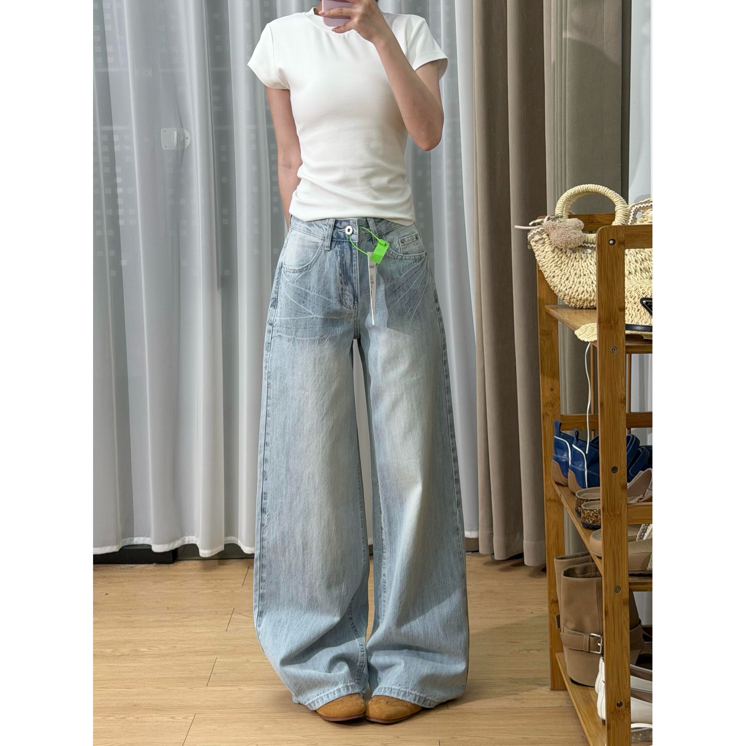小个子蓝色浅色直筒牛仔裤显高150cm设计感高腰宽松显瘦阔腿长裤