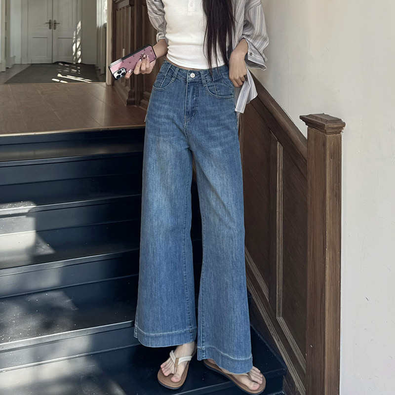 显高穿搭矮小个子弹力牛仔直筒裤慵懒风150高腰宽松阔腿裤喇叭裤