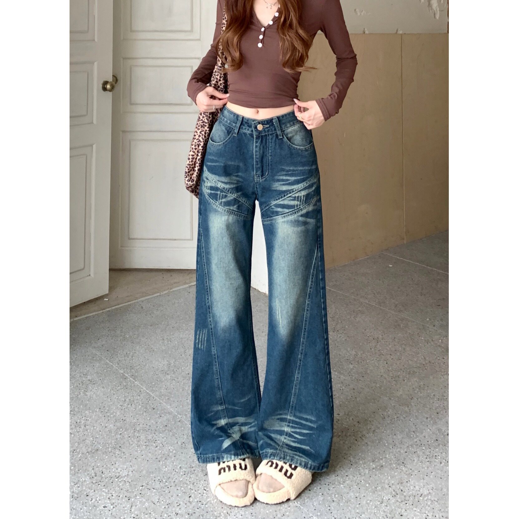 小个子美式复古微喇牛仔裤显高设计感145CM低腰宽松直筒喇叭长裤