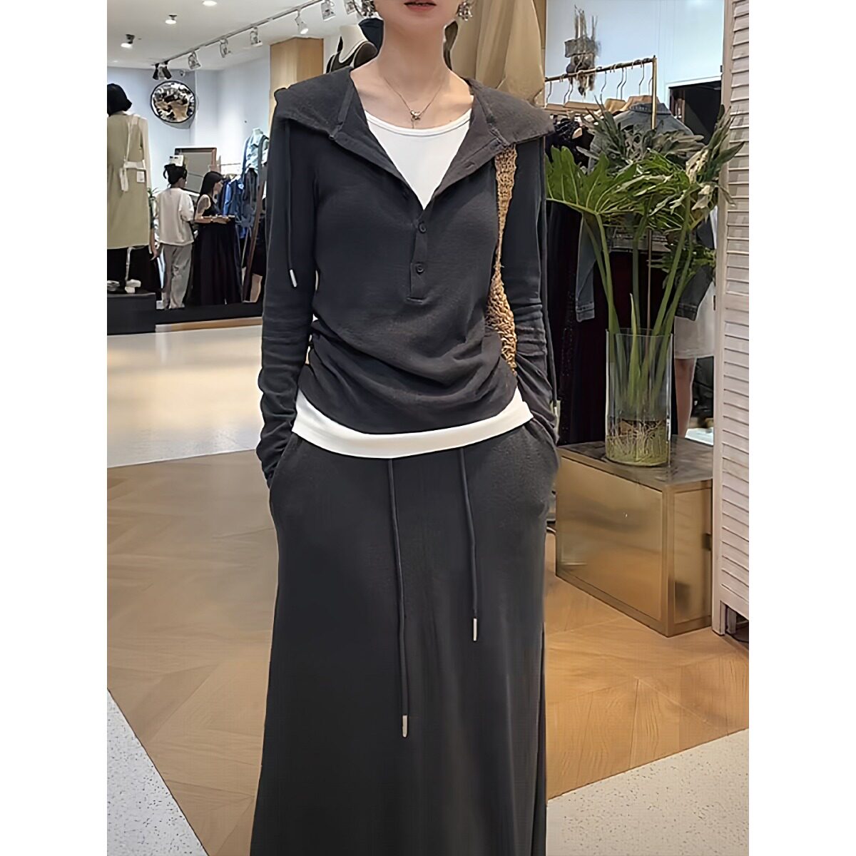 150CM矮小个子韩系假两件连帽撞色卫衣半身裙套装运动风两件套XS