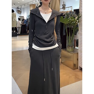 150CM矮小个子韩系假两件连帽撞色卫衣半身裙套装运动风两件套XS