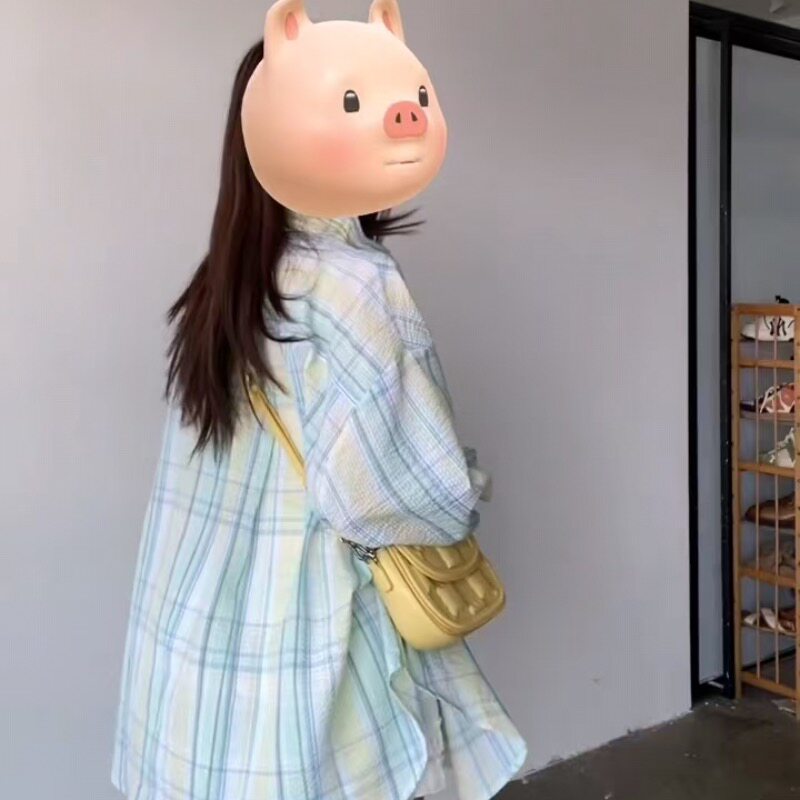 薄荷绿格子衬衫女2026春秋新款薄款防晒长袖polo领温柔小个子上衣
