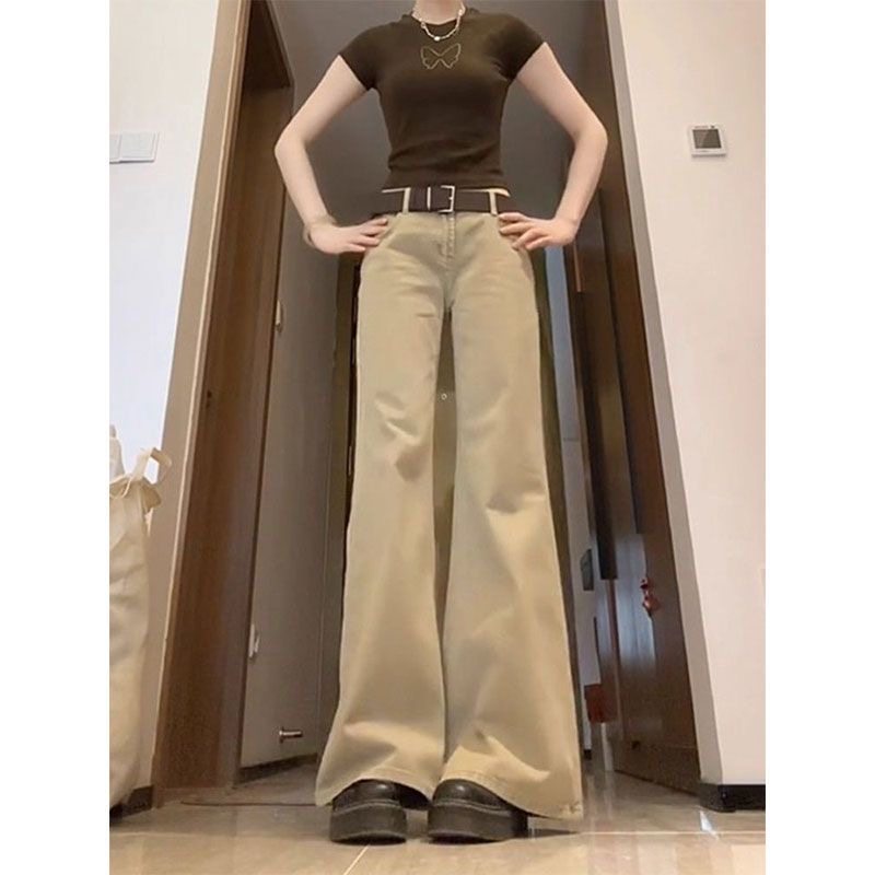 显瘦穿搭矮个子卡其色微喇牛仔裤美式复古低腰宽松垂感喇叭阔腿裤