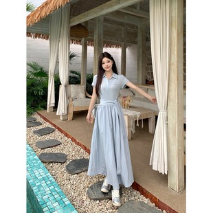 145cm小个子韩系蓝色polo领短袖连衣裙绑带设计感收腰A字中长裙XS