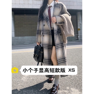 小矮个子150cm显高气质高级感韩系格子大衣正肩中长款毛呢外套xs