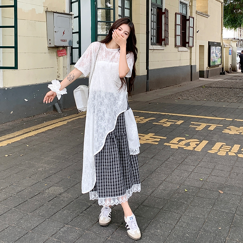 145cm小矮个子减龄穿搭套装150不规则上衣格子半身裙两件套XS夏女