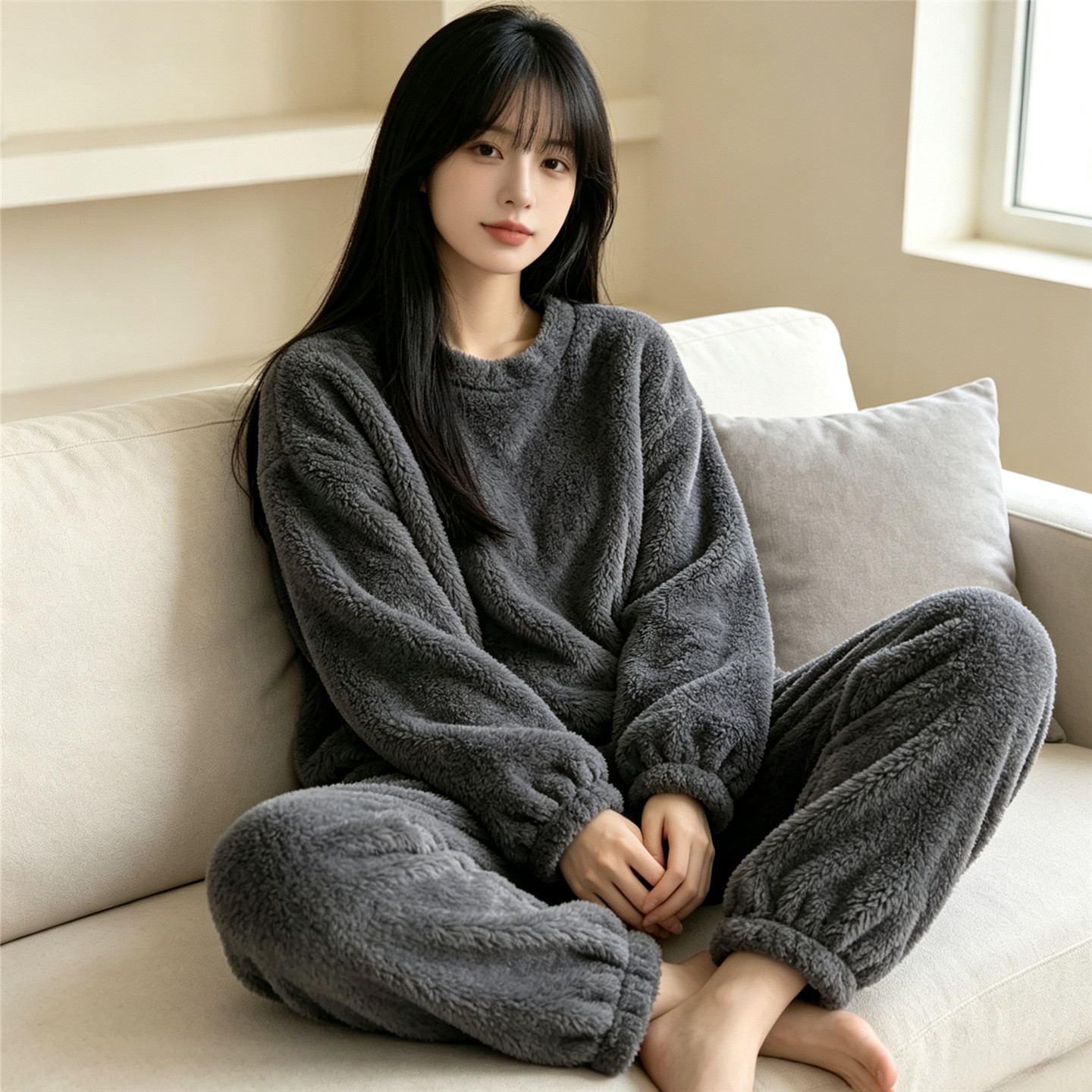 睡衣女秋冬季珊瑚绒加厚保暖简约可爱学生网红纯色家居服套装冬天