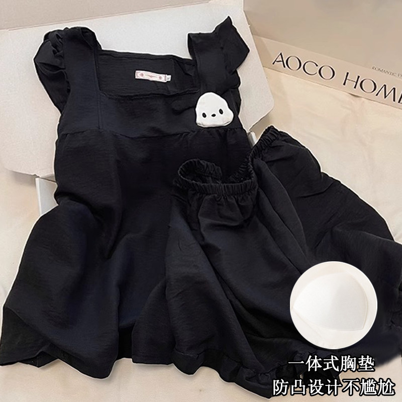 小飞袖睡衣女夏季纯棉带胸垫卡通黑色吊带短裤学生家居服套装薄款