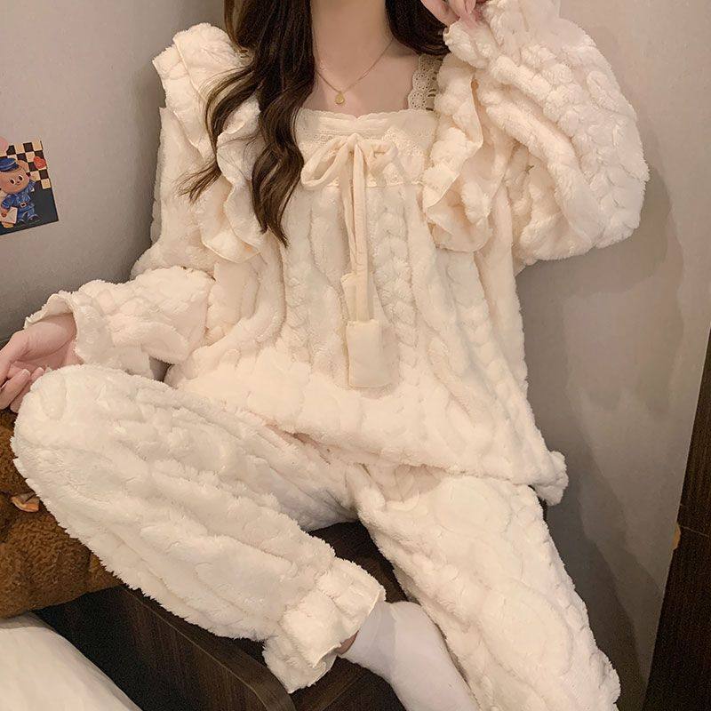 公主风睡衣女款秋冬季加绒加厚保暖珊瑚绒甜美可爱冬天家居服套装