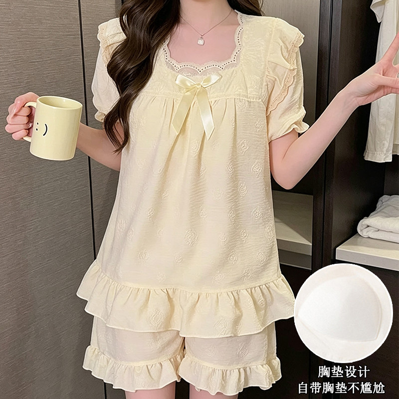 2026新款公主风睡衣女夏季云朵棉短袖带胸垫甜美家居服套装可外穿