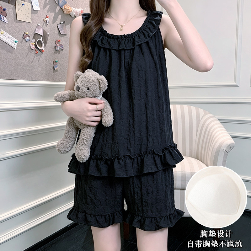 带胸垫睡衣女款夏季云朵棉质感少女感吊带短裤背心外穿家居服套装
