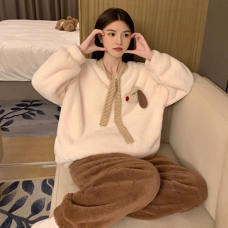 2025新款珊瑚绒学院风睡衣女学生秋冬季加绒加厚法兰绒家居服套装