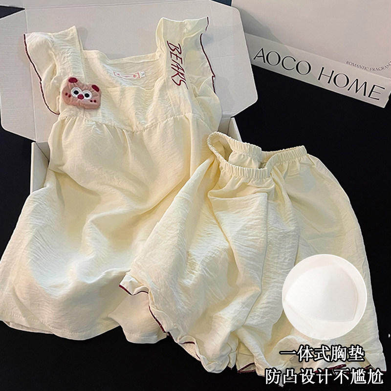 网红卡通可爱睡衣女士夏季小飞袖性感吊带纯棉带胸垫家居服可外穿
