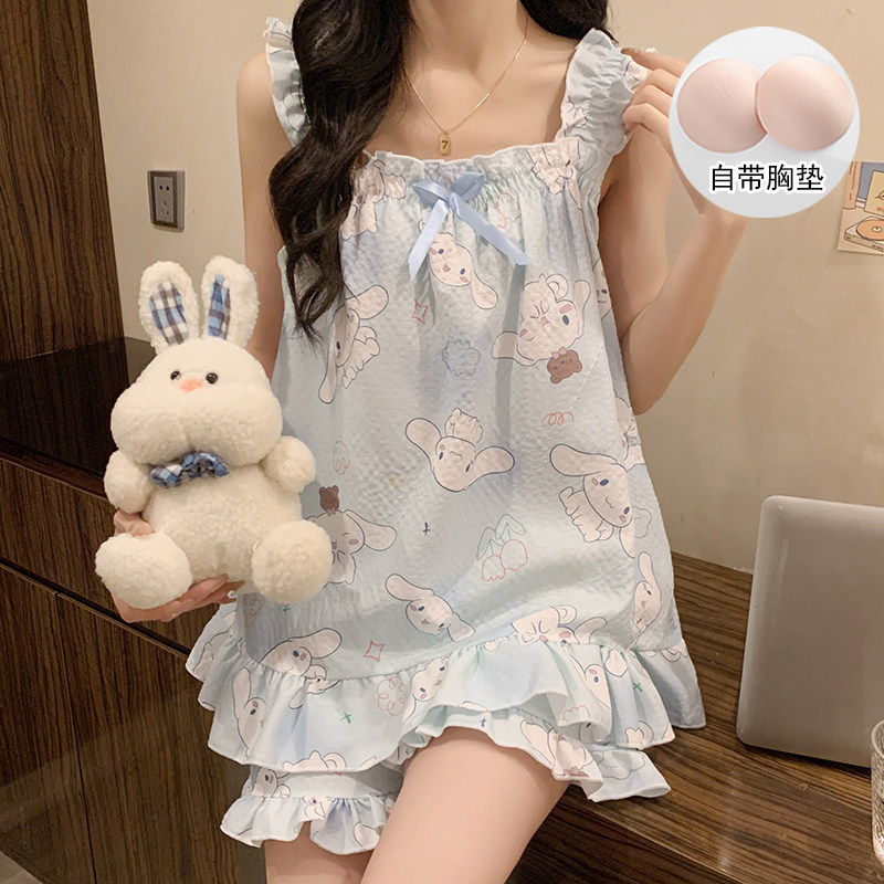 2025年甜美可爱卡通带胸垫睡衣女款夏季学生吊带背心两件套家居服