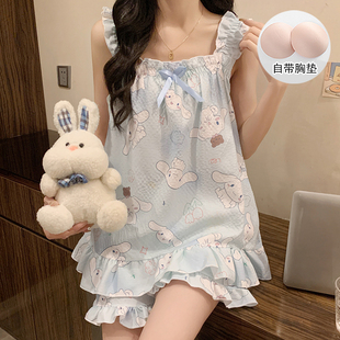 2025年甜美可爱卡通带胸垫睡衣女款夏季学生吊带背心两件套家居服