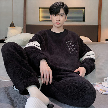 珊瑚绒睡衣男士秋冬季加厚加绒保暖法兰绒青少年家居服套装可外穿