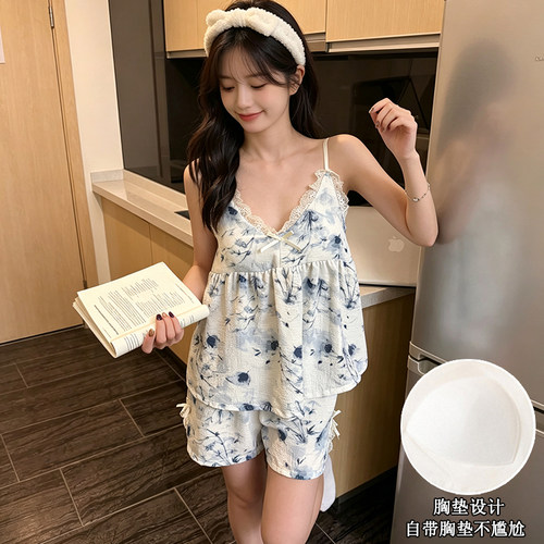 夏季薄款新中式吊带胸垫睡衣套装