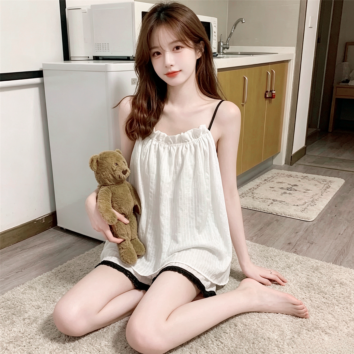 夏季少女日系纯欲薄款甜美可爱性感吊带短裤睡衣女两件套装家居服