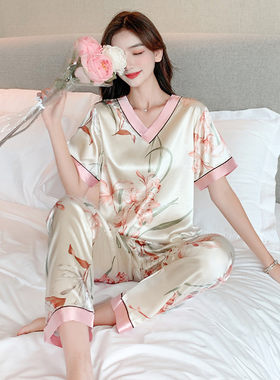 夏季薄款女冰丝绸睡衣套装可外穿