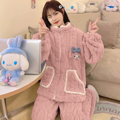 秋冬季珊瑚绒睡衣女生2025新款卡通加绒加厚拉链法兰绒家居服套装