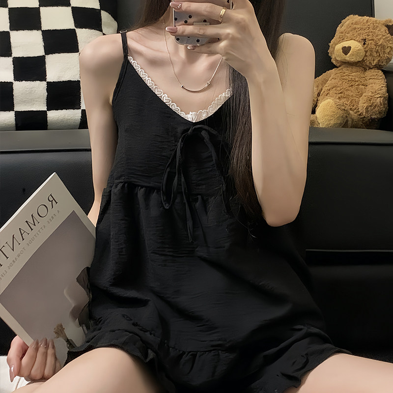 带胸垫性感吊带睡衣女夏季甜美黑色高级感薄款2024新款家居服套装