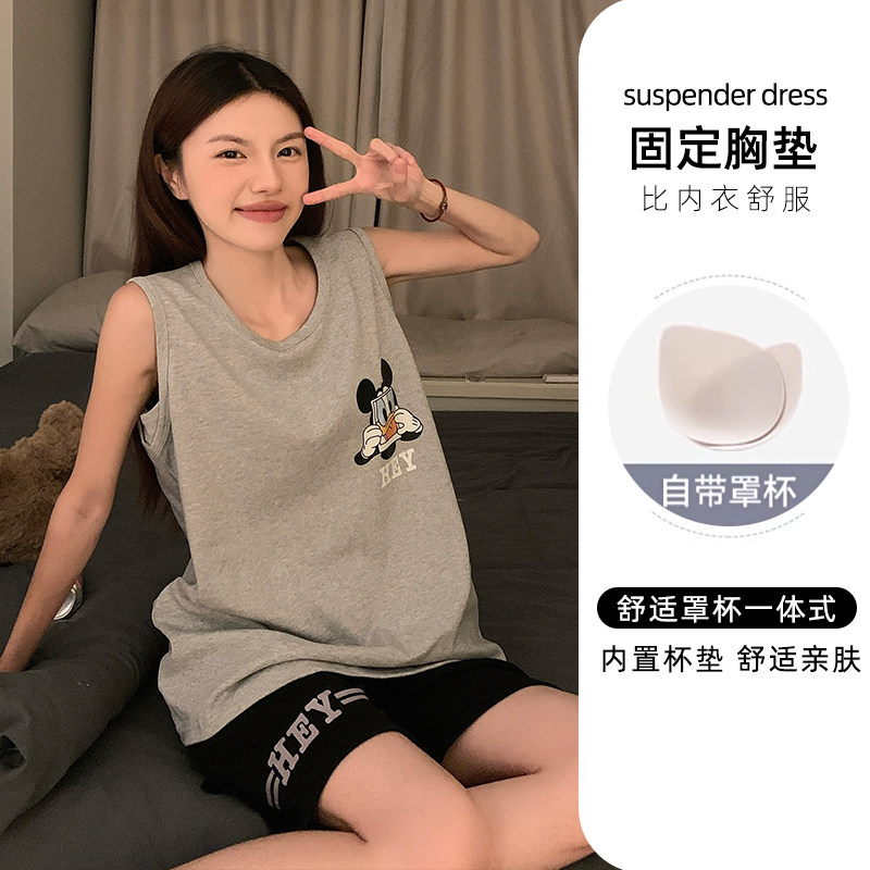 睡衣女款夏季纯棉无袖背心短裤2025新款卡通学生带胸垫家居服套装