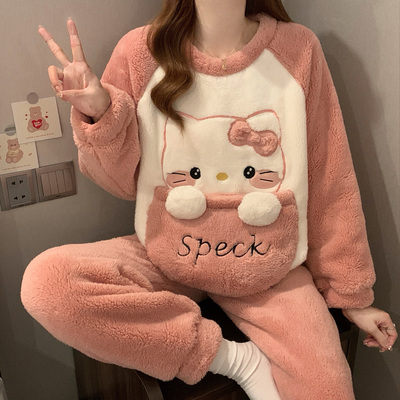 珊瑚绒睡衣秋冬季女加厚加绒卡通可爱法兰绒青少年学生家居服套装
