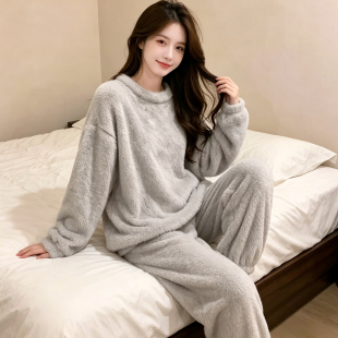 保暖睡衣女秋冬季新款珊瑚绒法兰绒圆领套头毛绒家居服套装可外穿