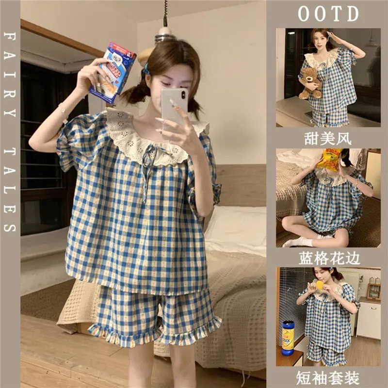 日系甜美ins格子蕾丝圆领纯棉睡衣女款夏季短袖短裤家居服两件套