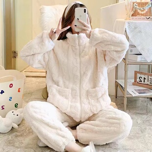 韩版珊瑚绒睡衣女款秋冬季加厚加绒法兰绒家居服运动休闲两件套装
