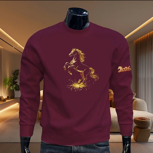 秋冬季国潮风马图案印花圆领卫衣男女通用酒红色加绒加厚长袖上衣