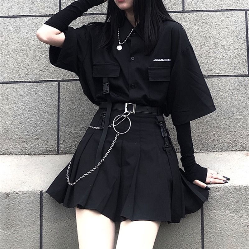 暗黑系女装黑暗jk制服连衣裙百褶裙子甜酷飒风格不良
