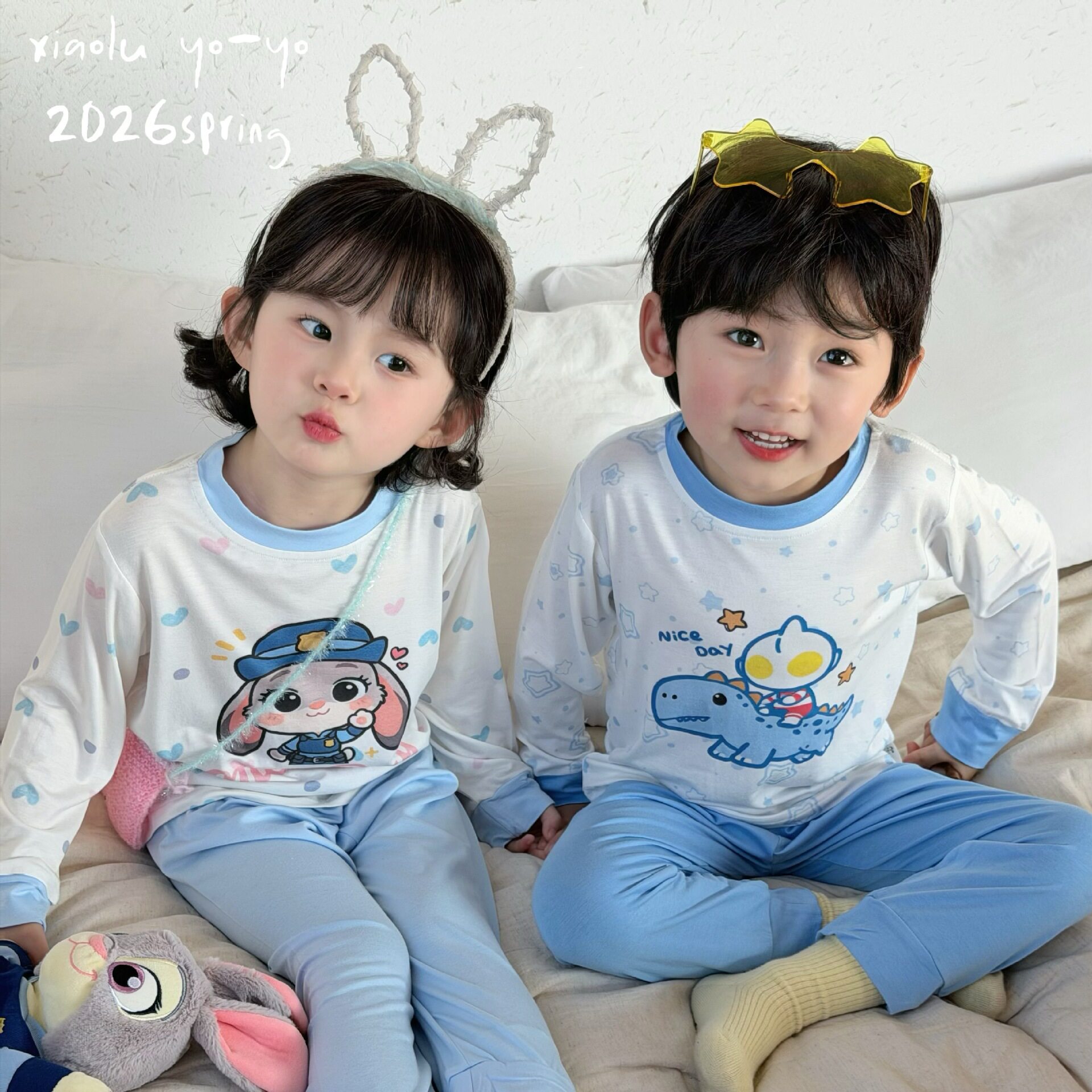 2026新款儿童莫代尔睡衣夏季男女童兔子警官家居服套装卡通睡衣