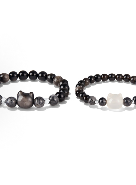 ZEGL招财猫黑白萌猫黑曜石新中式国潮设计百搭多财多福手串情侣款