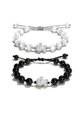 银千惠国潮招财貔貅一对转运珠平安纳福手绳猫眼石S999银手链情侣