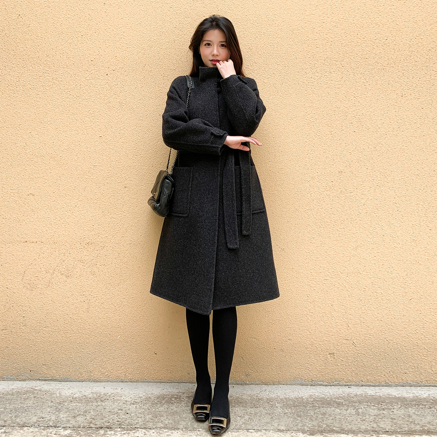 赫本风立领黑色双面羊毛大衣女