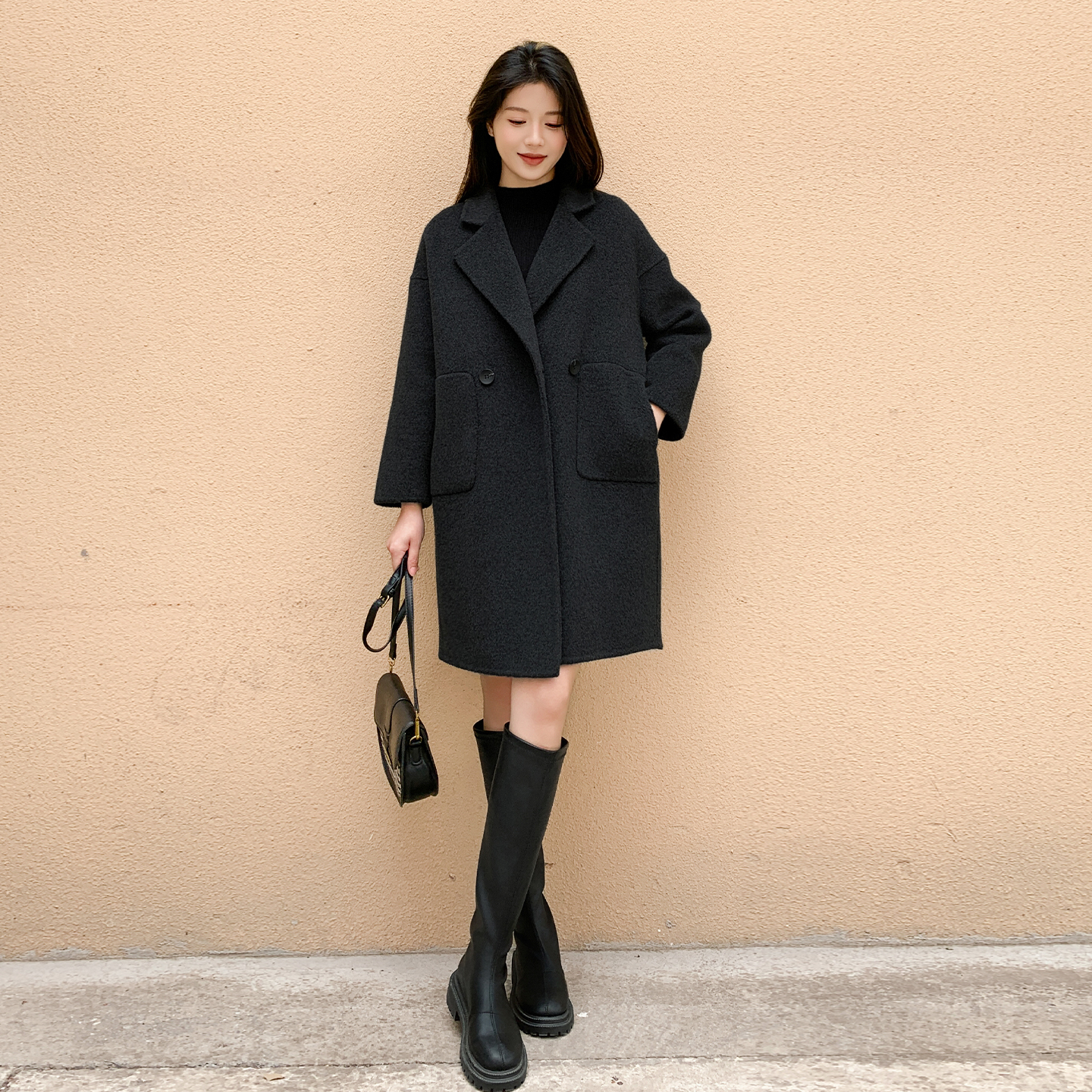 秋冬新款显瘦宽松羊毛呢外套