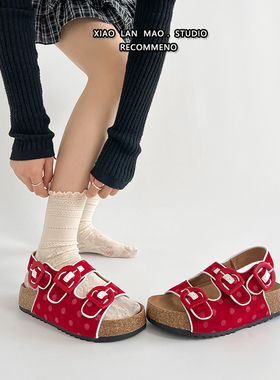 红色复古厚底一字拖鞋女夏季透气外穿2026新款增高休闲勃肯凉拖鞋