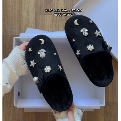 黑色加绒包头厚底拖鞋女勃肯半拖