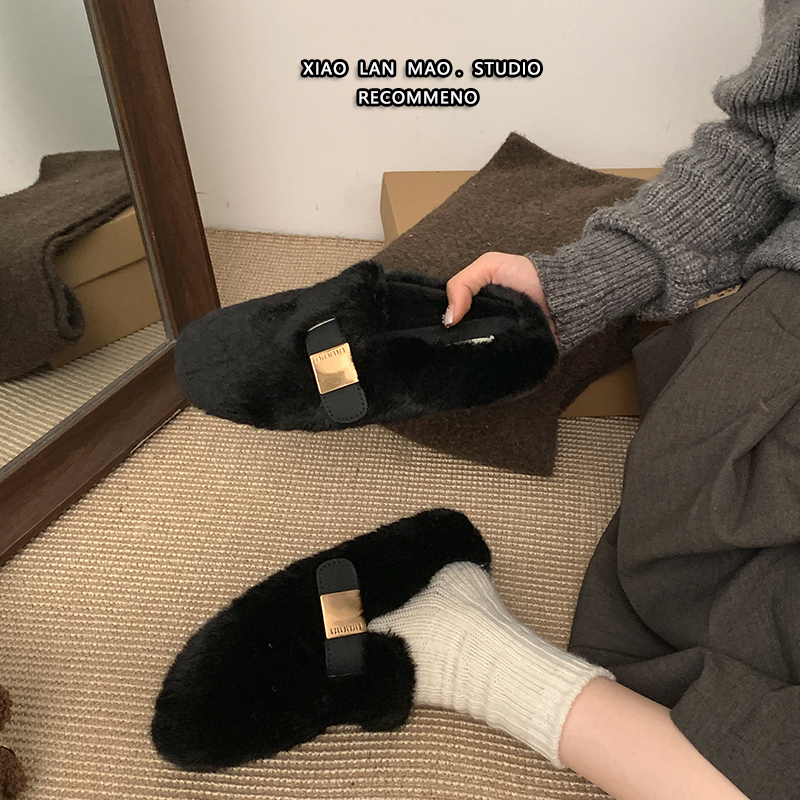 黑色平底毛毛鞋女外穿一脚蹬棉拖