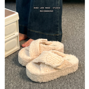 小个子增高懒人拖鞋 女外穿2025秋冬新款 厚底毛毛拖鞋 网红街拍法式