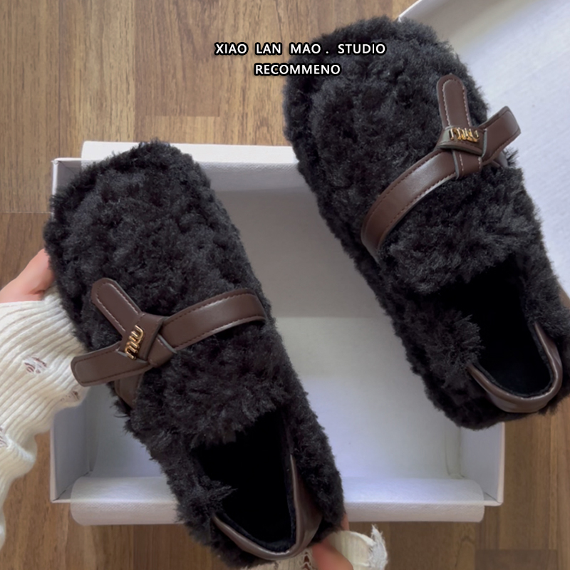 黑色可爱厚底增高毛毛拖鞋女棉鞋