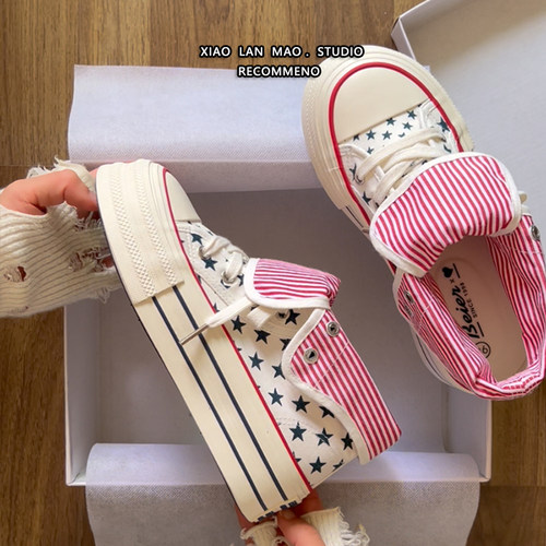 红色厚底高帮星星帆布板鞋女春夏