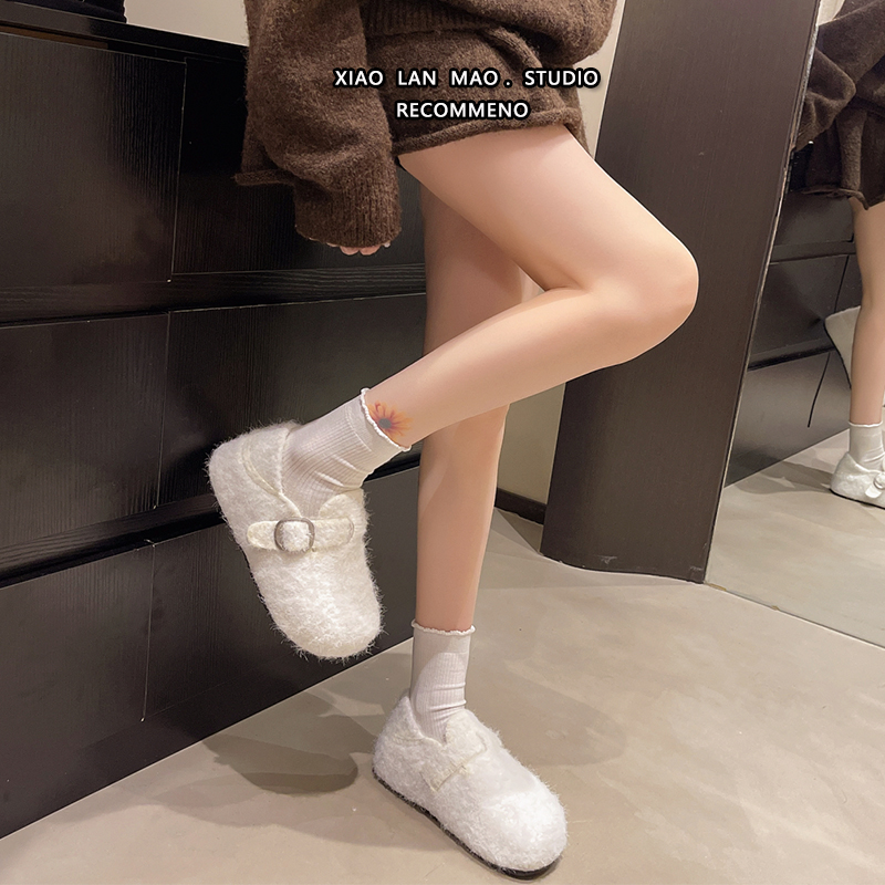 白色可踩两穿厚底半拖勃肯鞋女