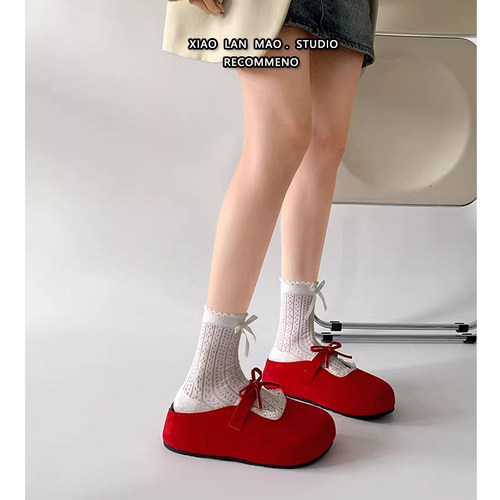 红色蕾丝蝴蝶结厚底包头拖鞋女夏