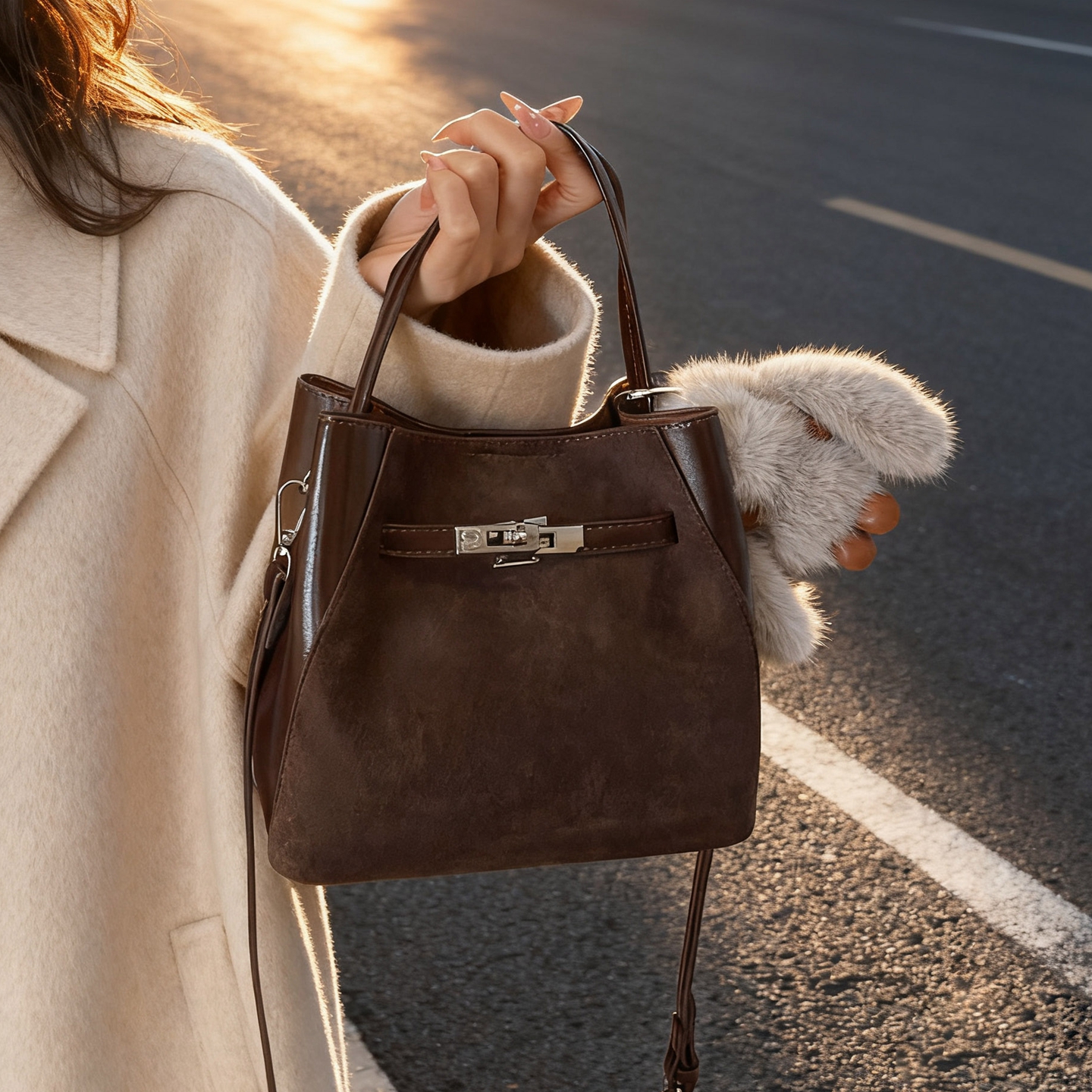 复古通勤斜挎包百搭手提水桶包